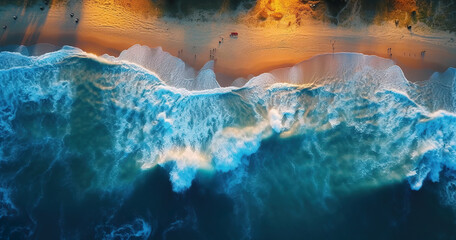 Overhead aerial photograph of waves crashing on the shoreline at sunset. Island tropical beach.