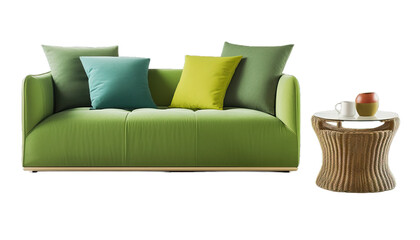 Green sofa with pillow and table. set of decor items furniture isolated on transparent or white background