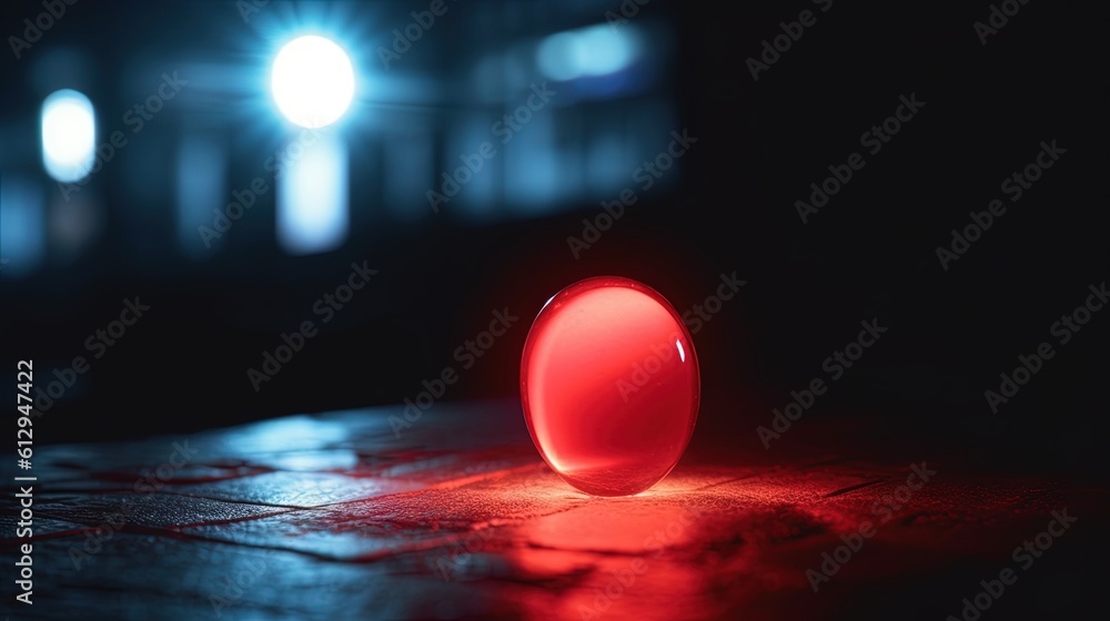 Poster a red object sitting on top of a floor in the dark. generative ai