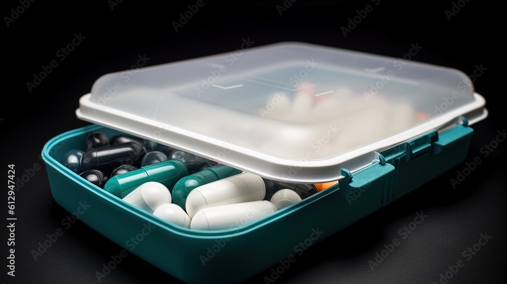 Poster a container filled with lots of pills on top of a table. generative ai