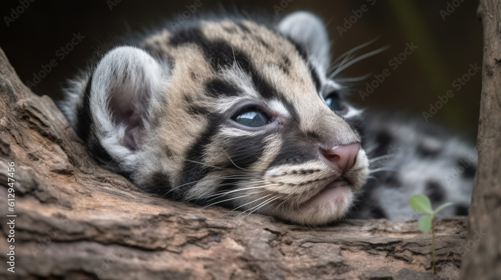 Aufkleber a small tiger cub resting on a tree branch with its eyes open. generative ai