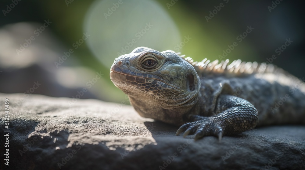Poster a close up of a lizard on a rock with a blurry background. generative ai