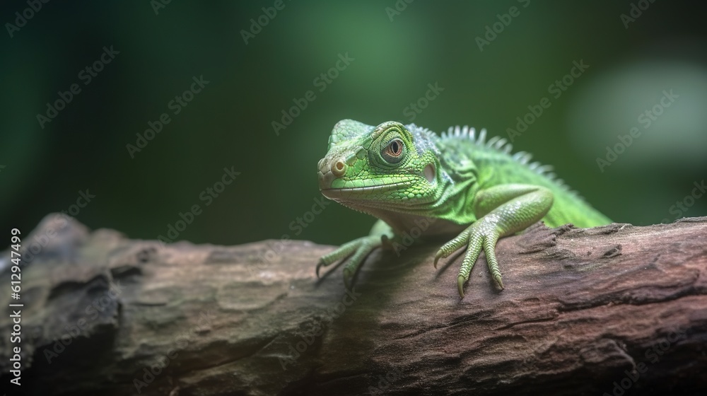 Poster a green lizard is sitting on a tree branch in a zoo. generative ai