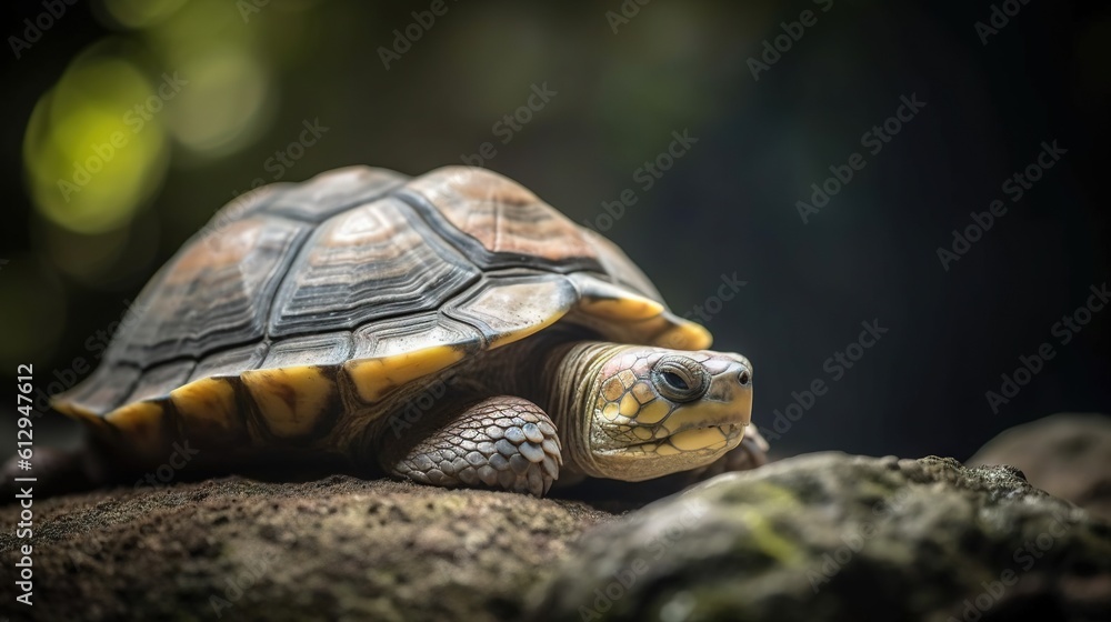 Poster a small turtle sitting on top of a rock next to a tree. generative ai