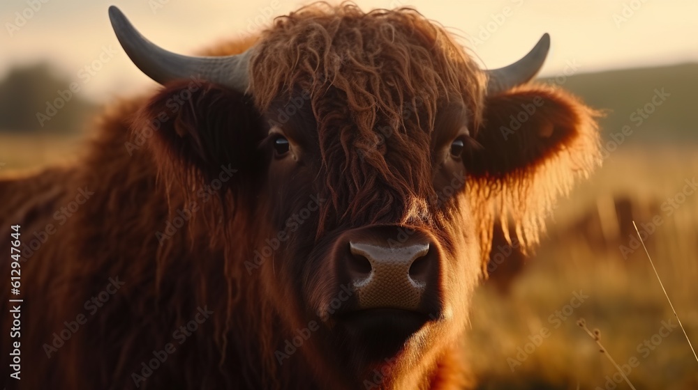 Poster a close up of a cow in a field of grass. generative ai
