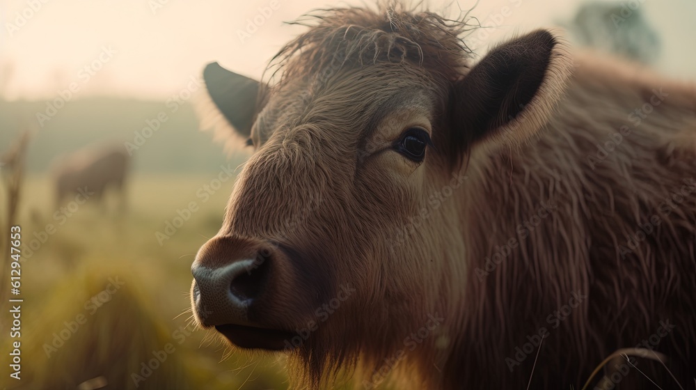 Poster a close up of a cow in a field of grass. generative ai
