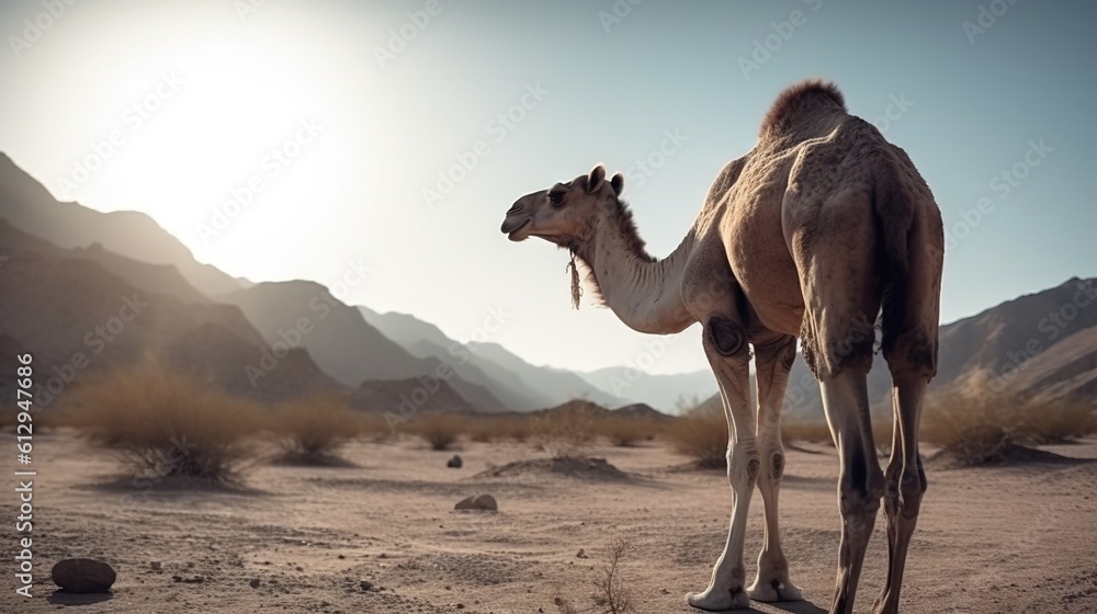Poster a camel standing in the desert with mountains in the background. generative ai