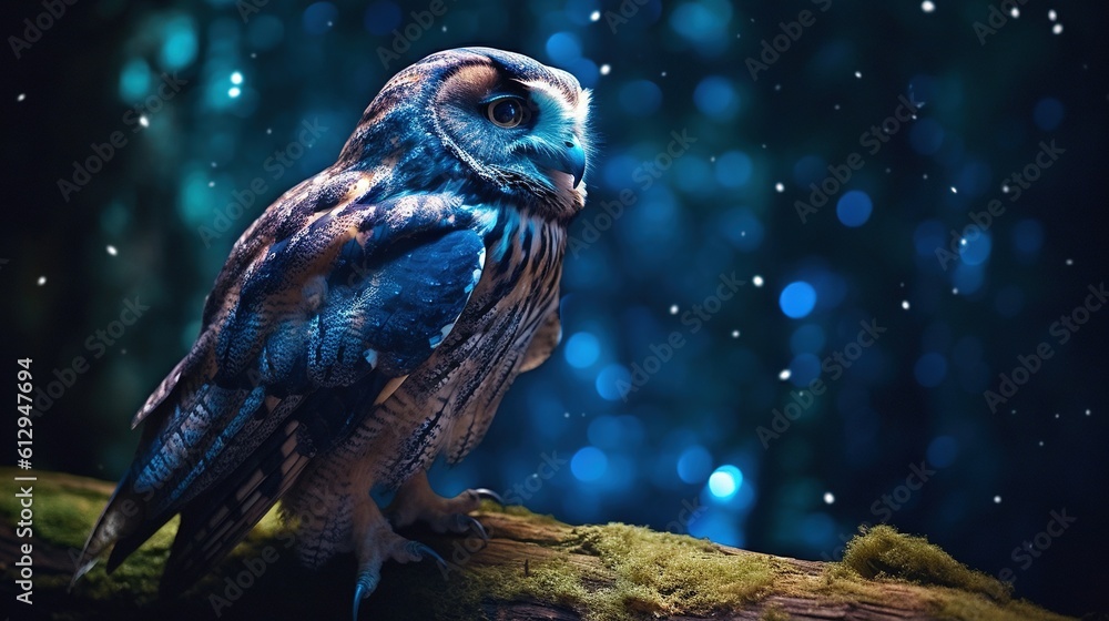 Poster an owl is sitting on a tree branch in the rain. generative ai