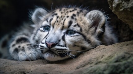 Fototapeta na wymiar a close up of a snow leopard laying on a rock. generative ai