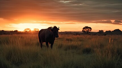 Fototapeta na wymiar a cow standing in the middle of a field at sunset. generative ai