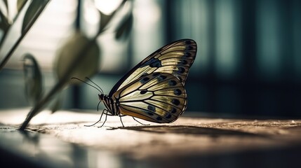 Fototapeta na wymiar a yellow butterfly sitting on a table next to a plant. generative ai