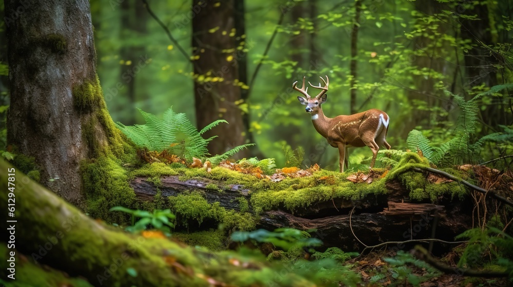 Poster a deer standing on a moss covered log in a forest. generative ai