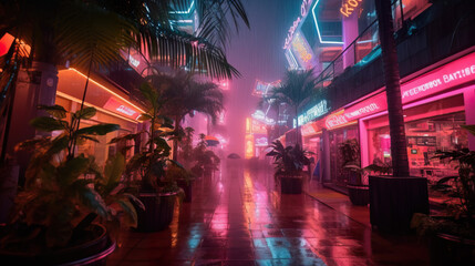 Fototapeta na wymiar Night city lights. Neon urban future. Rainy and foggy Futuristic city in a cyberpunk style. Photorealistic Generative AI illustration. Futuristic buildings with neon lights.