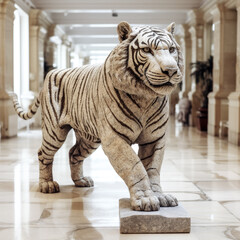 Obraz premium A sculpture of a detailed tiger crafted from granite stands proudly in the sunlight. - generative ai\n