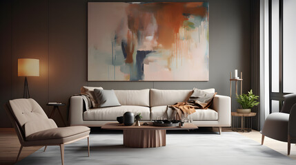 modern interior design, living room with earth tones and a large painting