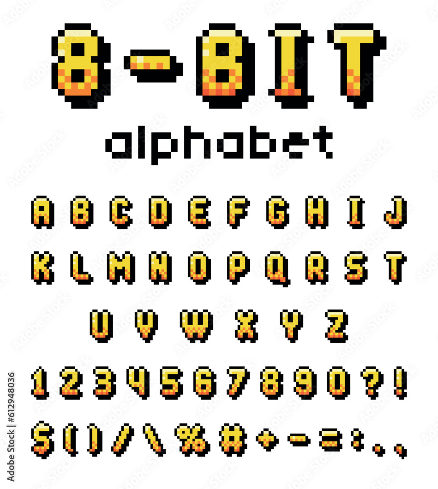 Poster pixel 8 bit font and alphabet letters and numbers vector set