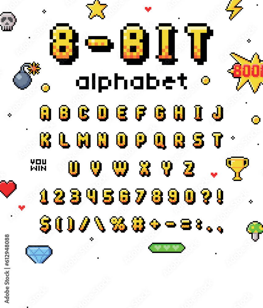 Poster pixel 8 bit font and alphabet letters and numbers vector set