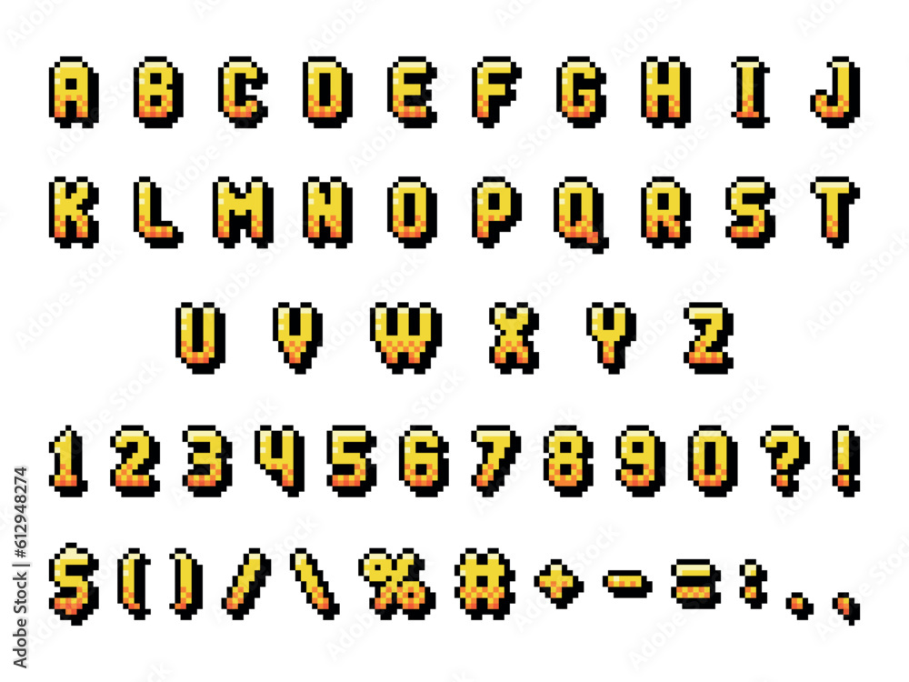 Poster pixel 8 bit font and alphabet letters and numbers vector set