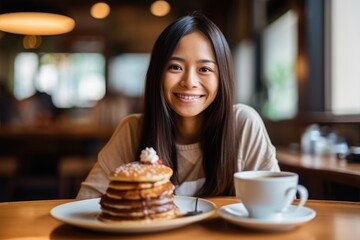 A woman eating pancakes with syrup in cafe, AI Generative