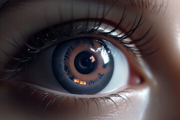 Fototapeta premium Futuristic smart intelligence contact lenses, close up of woman eyes, white on white composition, ofhtalmologist banner. AI Generative