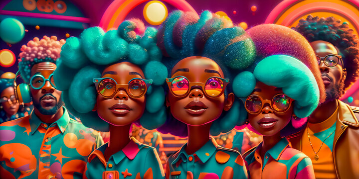 Disco Groove: A Vibrant Illustration of Three Afro-haired Sisters Rocking the Dance Floor.
