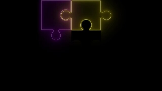  abstract puzzle loop circle animation with showing and then disapear icons with neon lines on black background