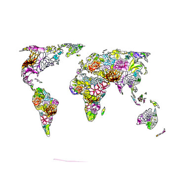 Floral world map. Ecology and environmental protection. Watercolor marker illustrations about saving the planet, nature and ecology. Drawings of plants, leaves and flowers for poster or banner