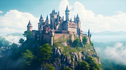 Fototapeta premium Fantasy european style medieval castle in the mountains, scenic view, ai generated
