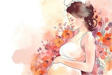 Watercolor illustration of a beautiful pregnant woman with flowers, in autumn orange colors. Generative AI. - obrazy, fototapety, plakaty