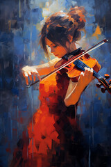 Fototapeta premium Beautiful Woman Playing Violin, Oil Painting - Generative AI