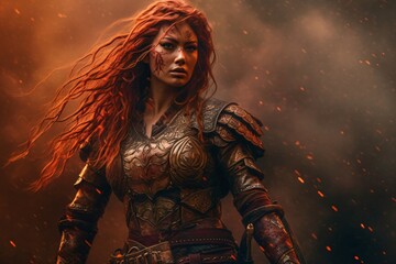 warrior woman with armor and long red hair in rain of fire created with Generative AI technology