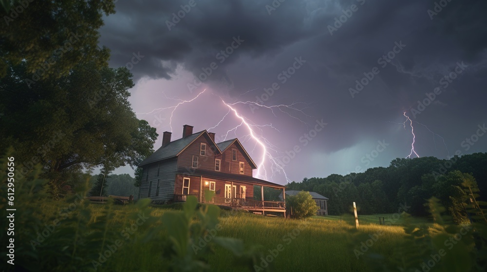 Poster a house in a field with a lightning bolt in the sky. generative ai