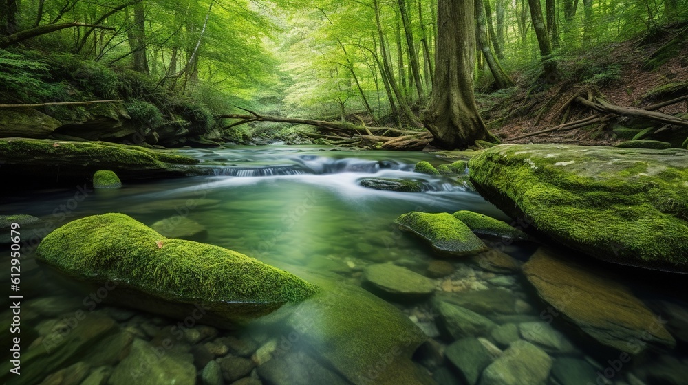 Poster a stream running through a lush green forest filled with rocks. generative ai