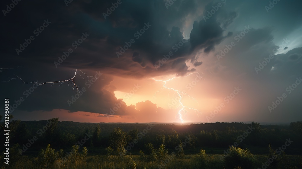 Poster a large cloud with a lightning bolt in the sky above it. generative ai