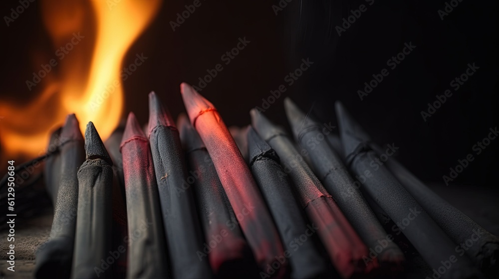 Poster a group of sticks sitting on top of a table next to a fire. generative ai