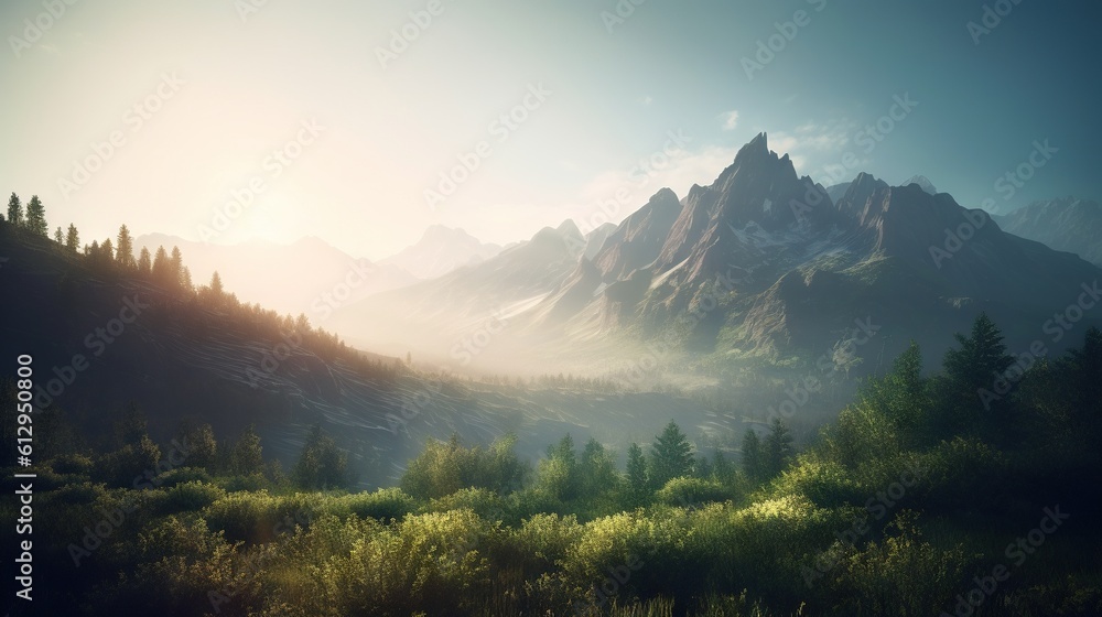 Poster a painting of a mountain range with trees in the foreground. generative ai