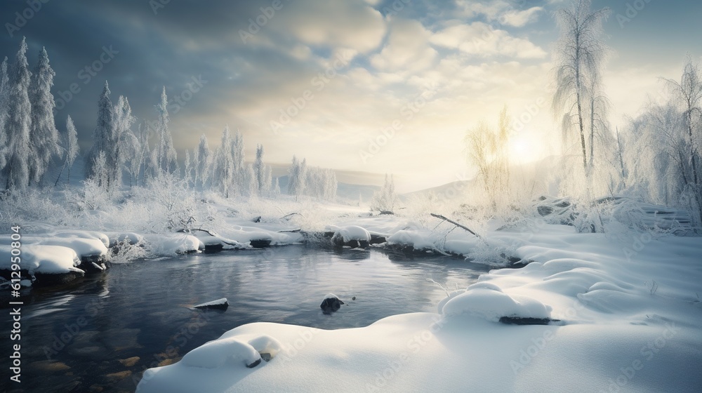 Poster a river surrounded by snow covered trees and a cloudy sky. generative ai