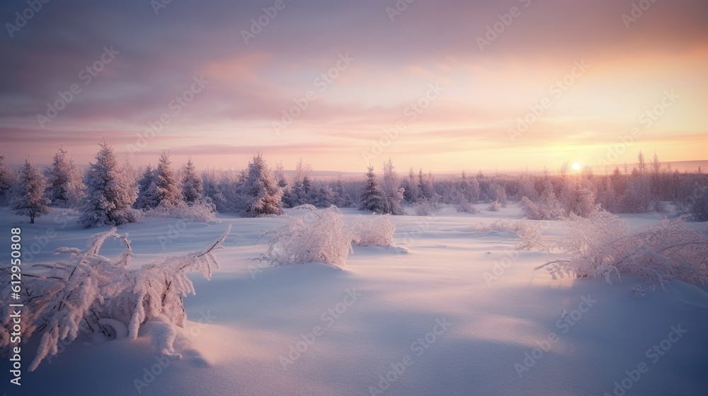 Aufkleber the sun is setting over a snow covered field with trees. generative ai