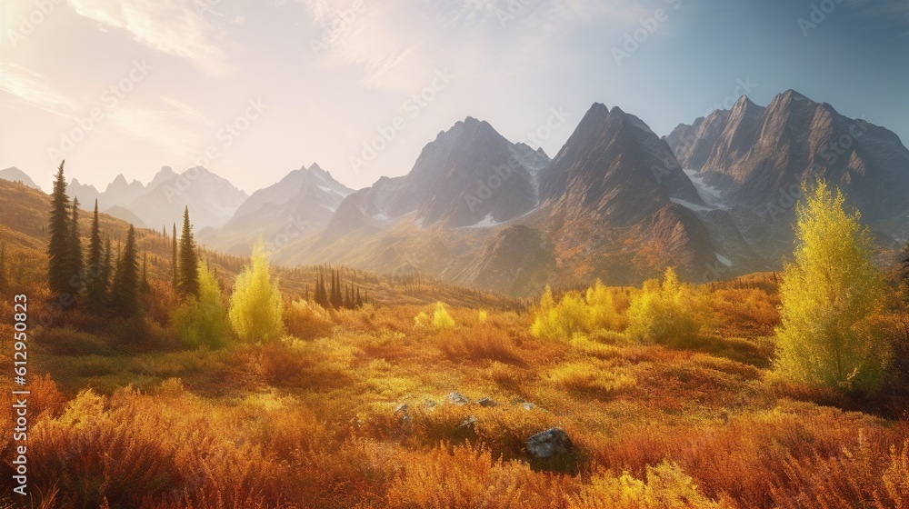 Poster a painting of a mountain range with trees and grass in the foreground. generative ai