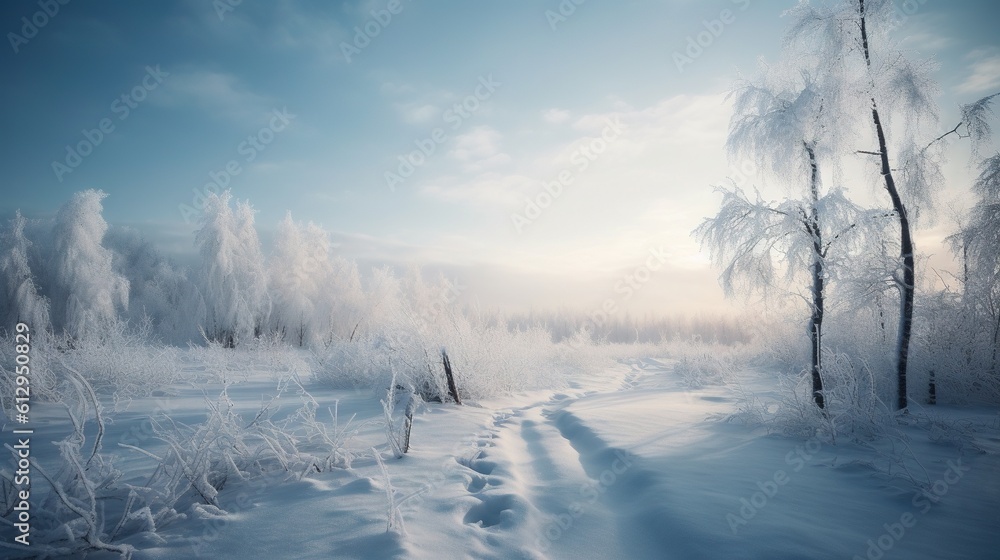 Poster a snowy landscape with trees and a path in the snow. generative ai