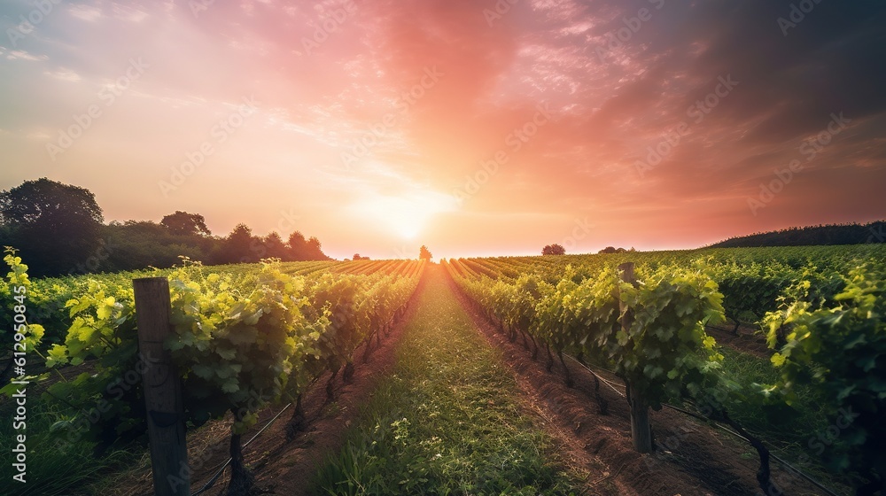Poster the sun is setting over a vineyard with vines in the foreground. generative ai