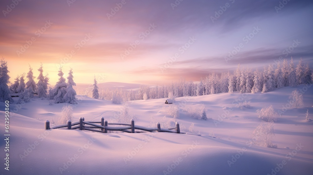 Poster a snowy landscape with a fence in the foreground and trees in the background. generative ai