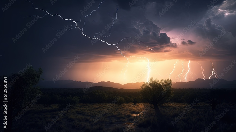 Poster a lightning storm over a field with trees and mountains in the background. generative ai