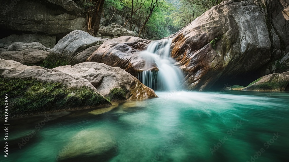Poster a small waterfall in the middle of a forest filled with rocks. generative ai