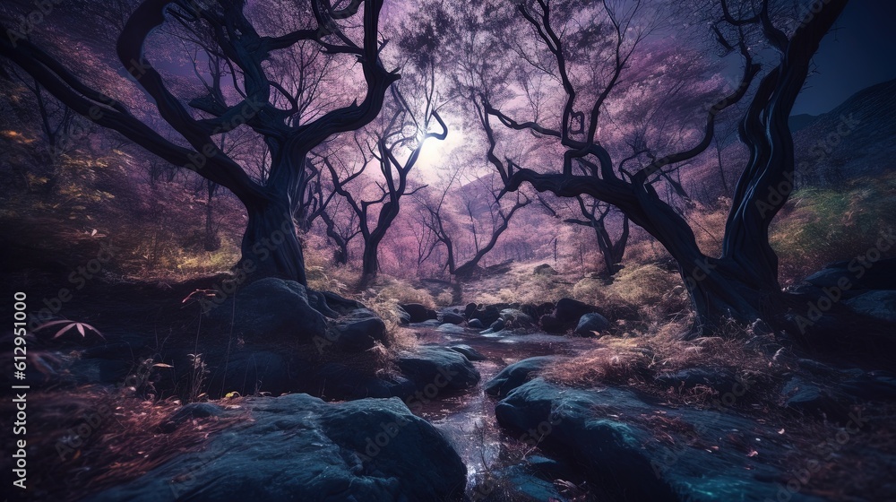 Poster a stream running through a forest filled with rocks and trees. generative ai