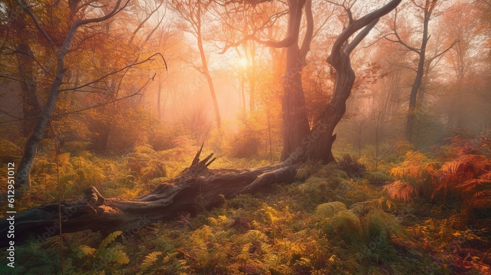 Poster the sun is shining through the trees in the forest with a fallen tree trunk. generative ai