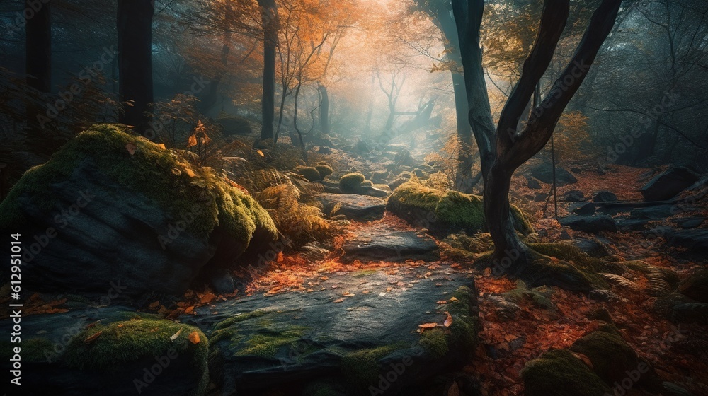 Poster a path through a forest with lots of trees and rocks. generative ai