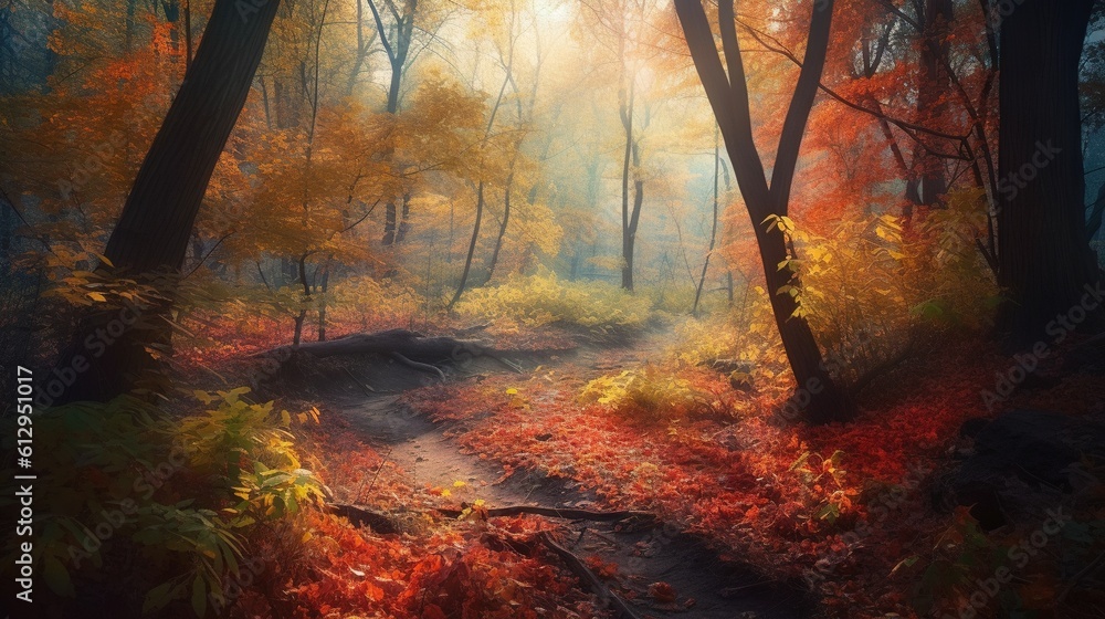 Poster a painting of a path in a forest with trees and leaves. generative ai