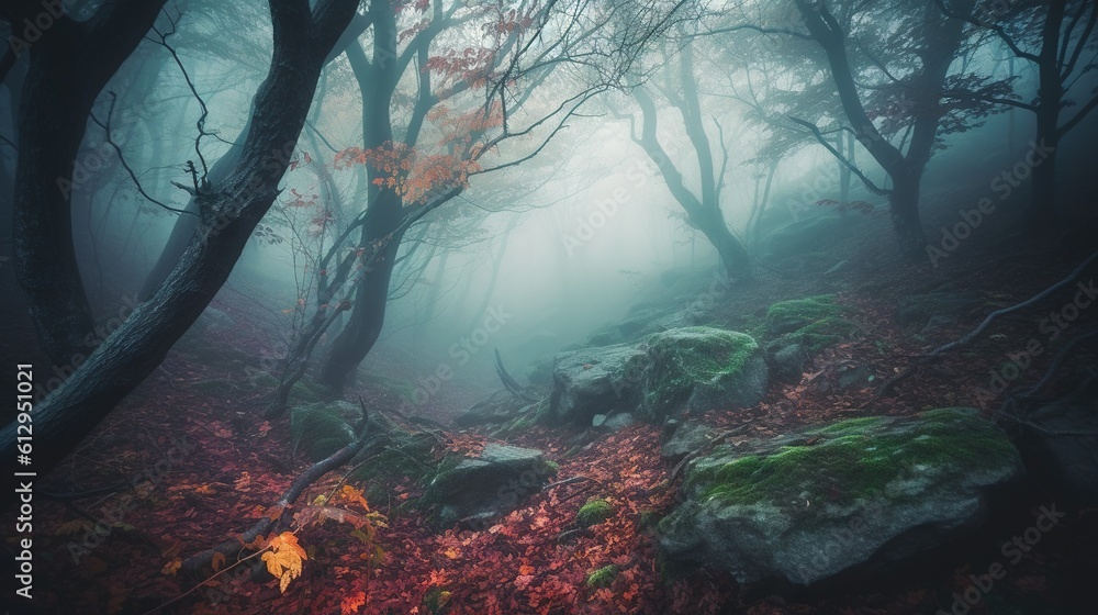 Poster a foggy forest with rocks and trees in the foreground. generative ai