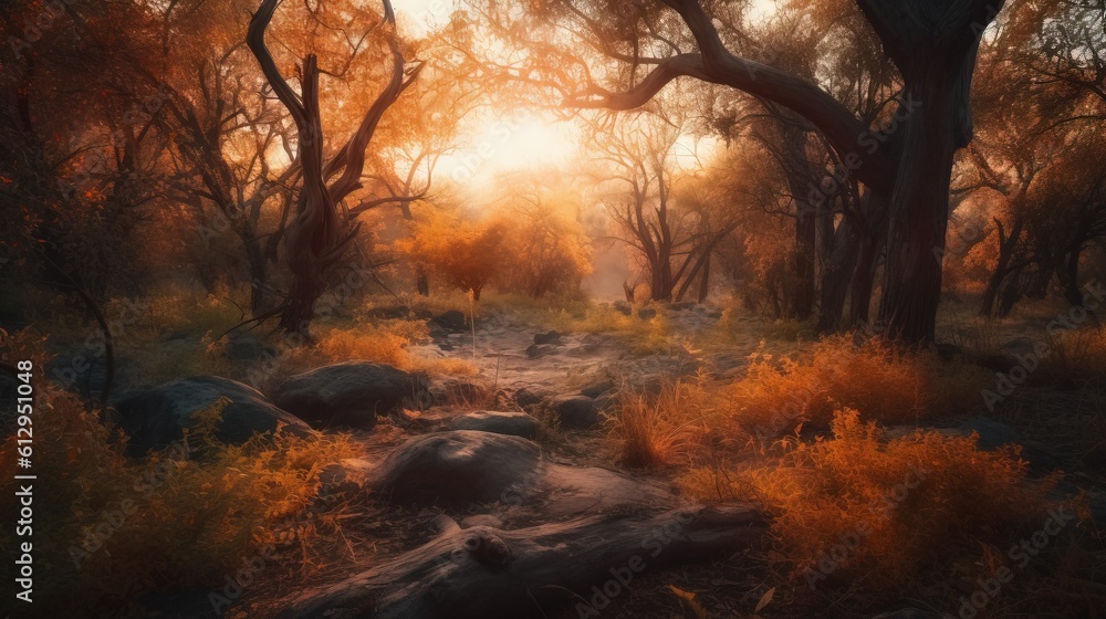 Poster the sun is shining through the trees in the forest with rocks. generative ai